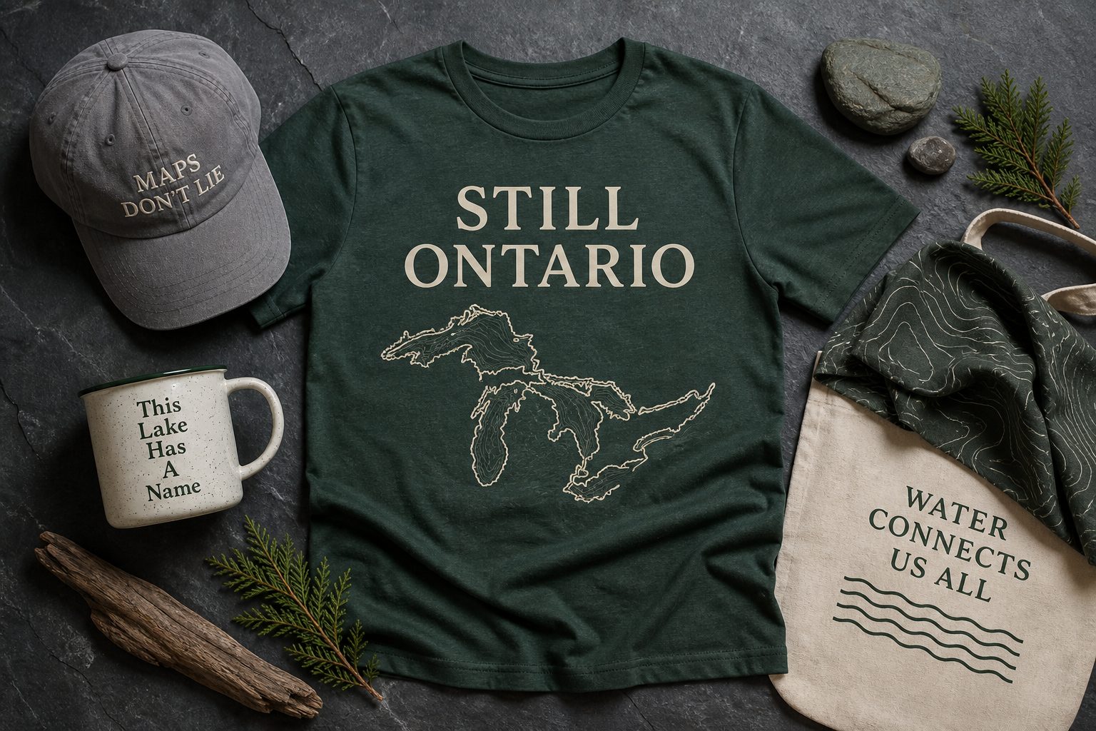 Still Ontario merchandise: green shirt, Maps Don't Lie cap, mug, and tote